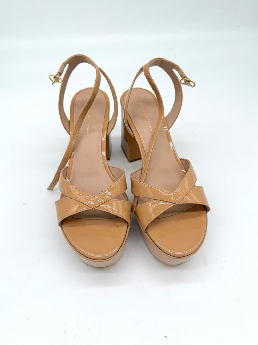Stuart Weitzman Dayna Nude Patent Platform Block Heel Sandals